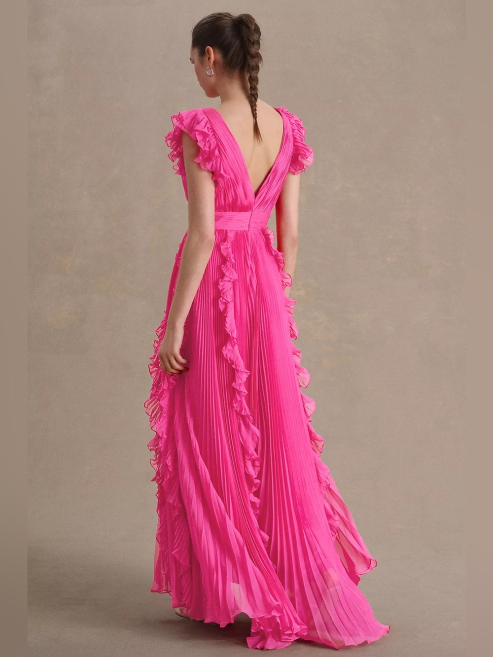 Mac Duggal Pleated Flutter-Sleeve Deep-V Empire-Waist Gown - Picture 3 of 5